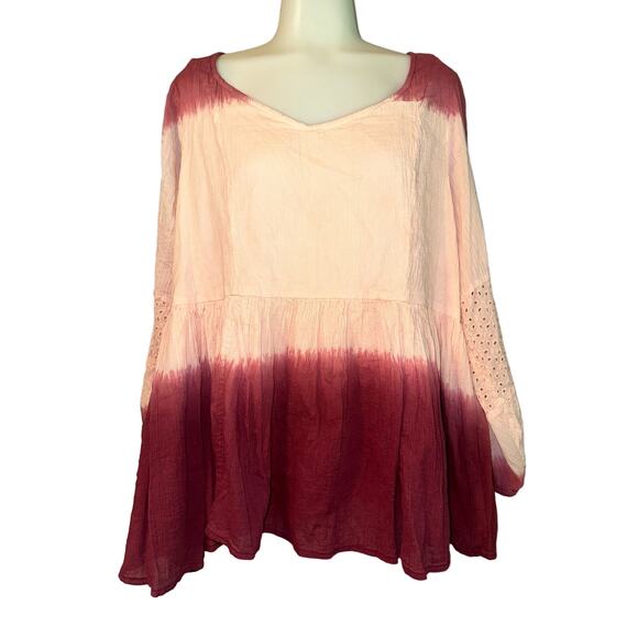 Lane Bryant Top Womens Plus Size 18 Pink Red Tie Dye Gauze Ling Sleeve Lined - Picture 2 of 8